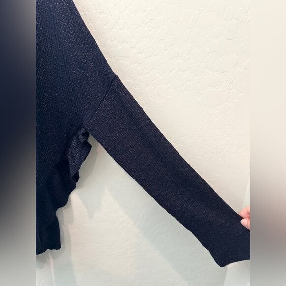 ANTHROPOLOGIE | Navy Metallic Ruffle Hem Cowl Neck Sweater NWT | Size M/L - Picture 4 of 9